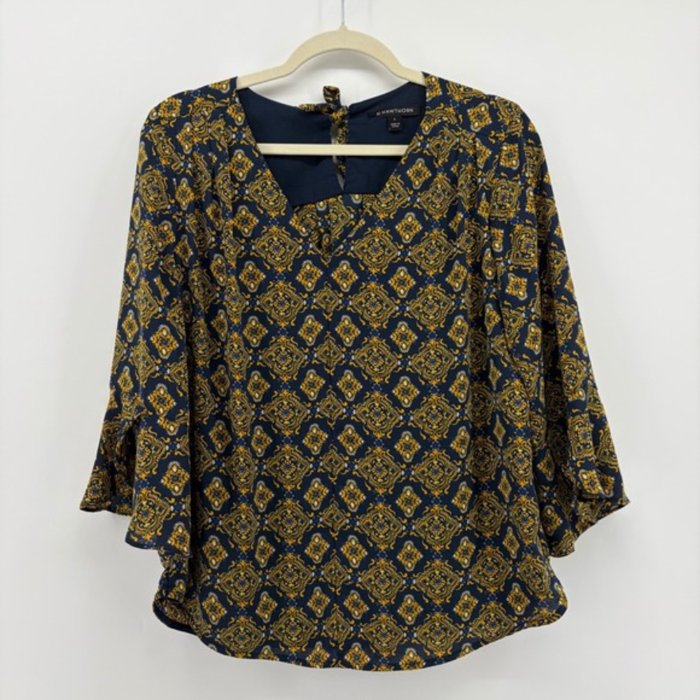 41 Hawthorne Womens Blue Yellow Paisley Print Bell Sleeve Tie Neck Blouse Size L